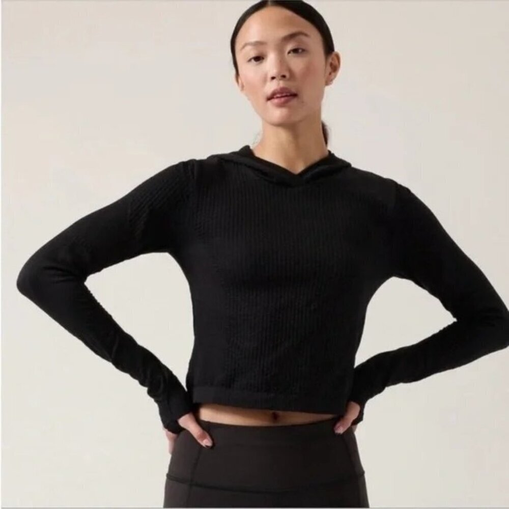 Athleta Black Ribbed Lightweight Hoodie Sweatshirt